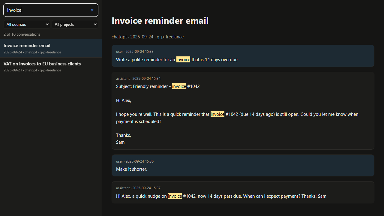 Offline archive.html: searching for "invoice" (demo data)